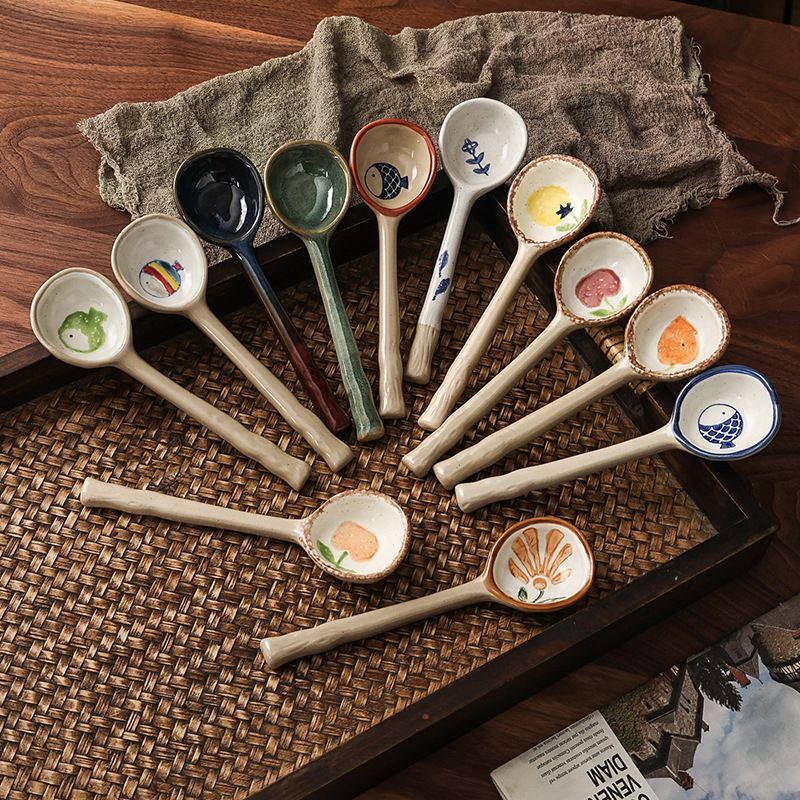 Cute Japanese Hand-Painted Underglaze Long-Handle Spoon