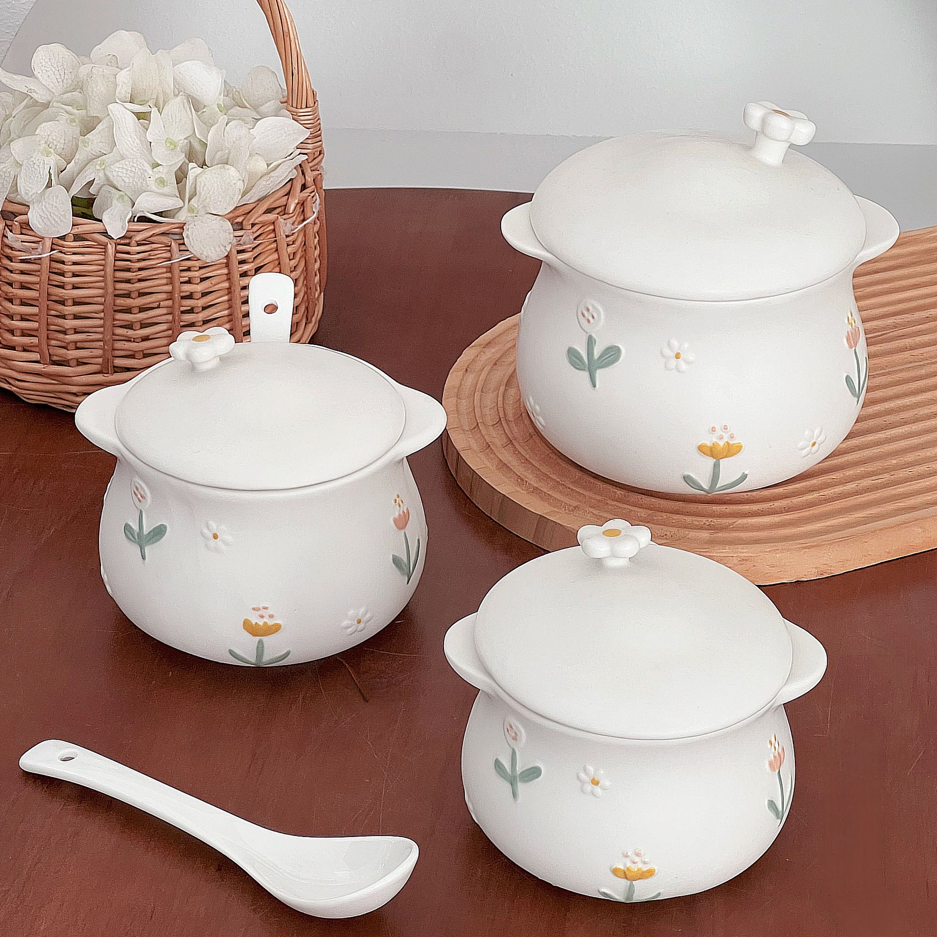 Daisy Sugar Bowl Honey Pot Condiment Jar with Lid & Spoon