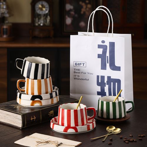 Minimalist Multicolor Striped Coffee Cup & Saucer