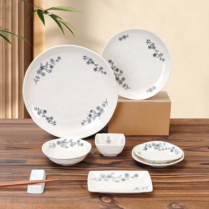 Japanese Underglaze Plum Blossom Plates & Sauce Dishes