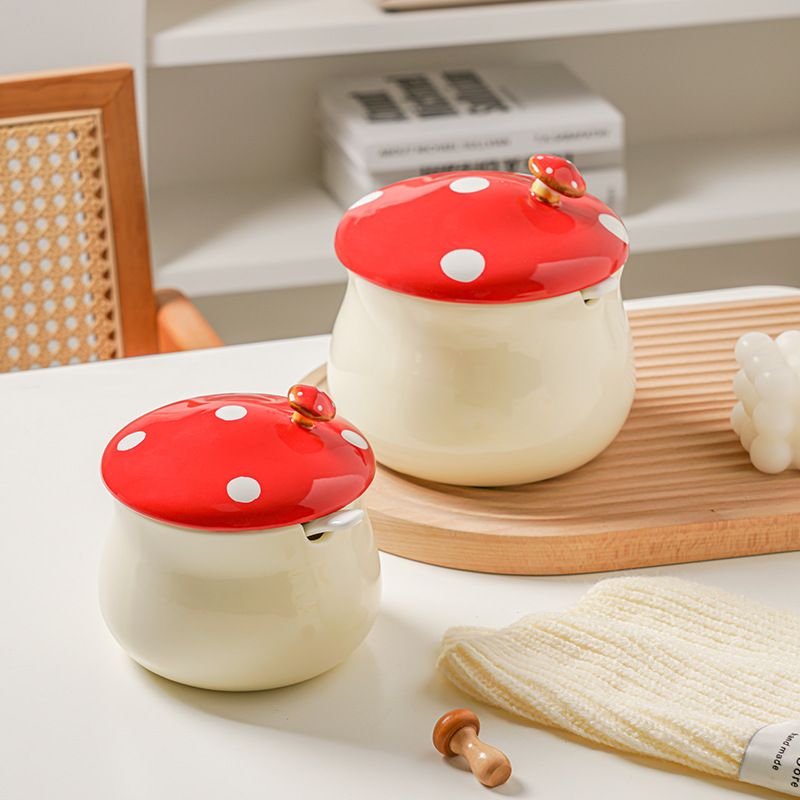 Mushroom Sugar Bowl Honey Pot Condiment Jar with Lid & Spoon