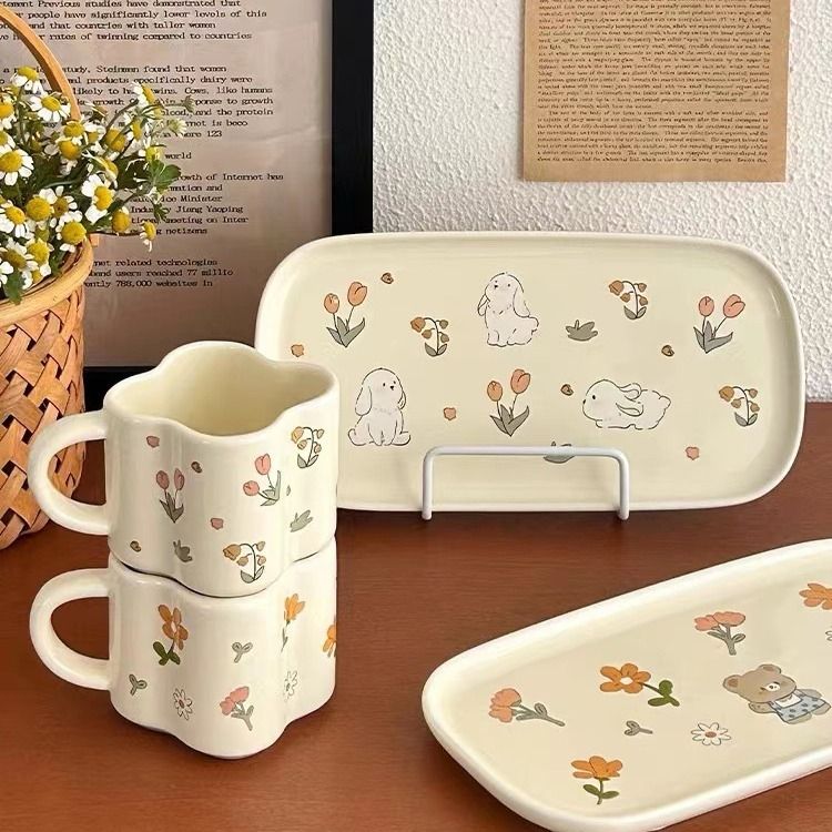 Cream-Style Cartoon Breakfast Mug & Plate Set