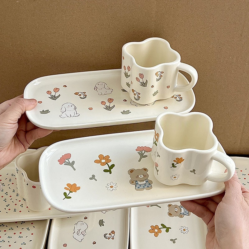 Cream-Style Cartoon Breakfast Mug & Plate Set - 2