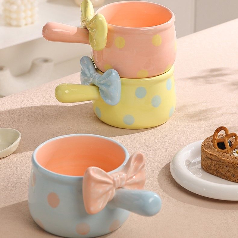 Bow & Polka Dot Cereal Milk Bowl with Handle