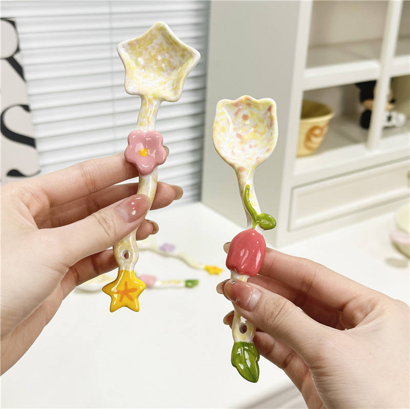 Star & Flower Long Handle Painted Dessert Spoon
