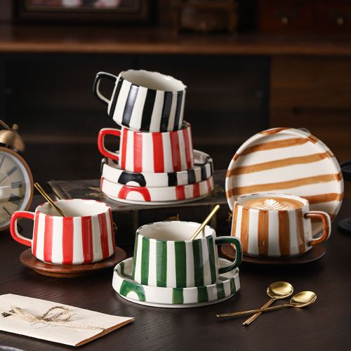 Minimalist Multicolor Striped Coffee Cup & Saucer