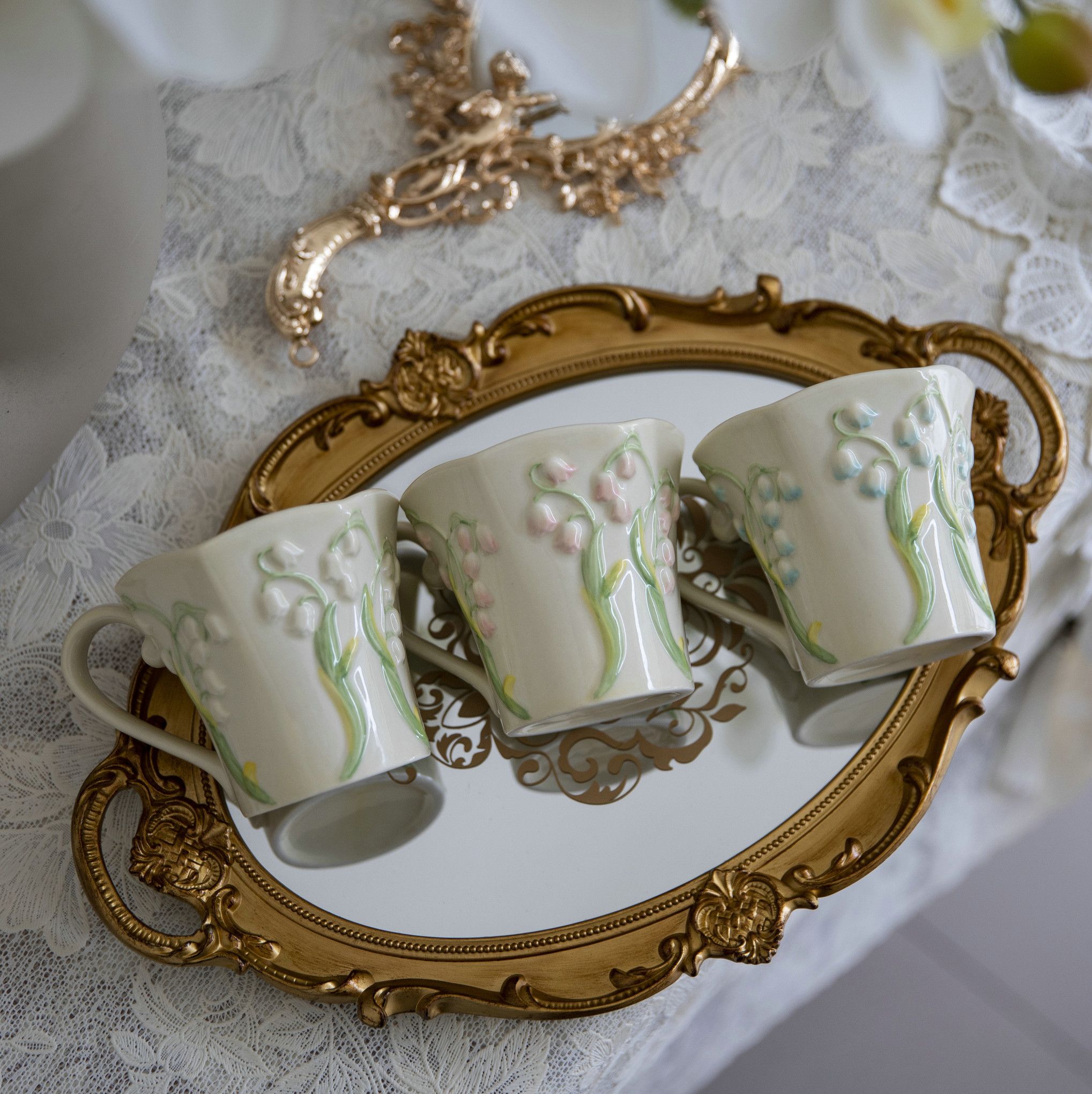 Hand-Painted Embossed Lily of the Valley Coffee Mug
