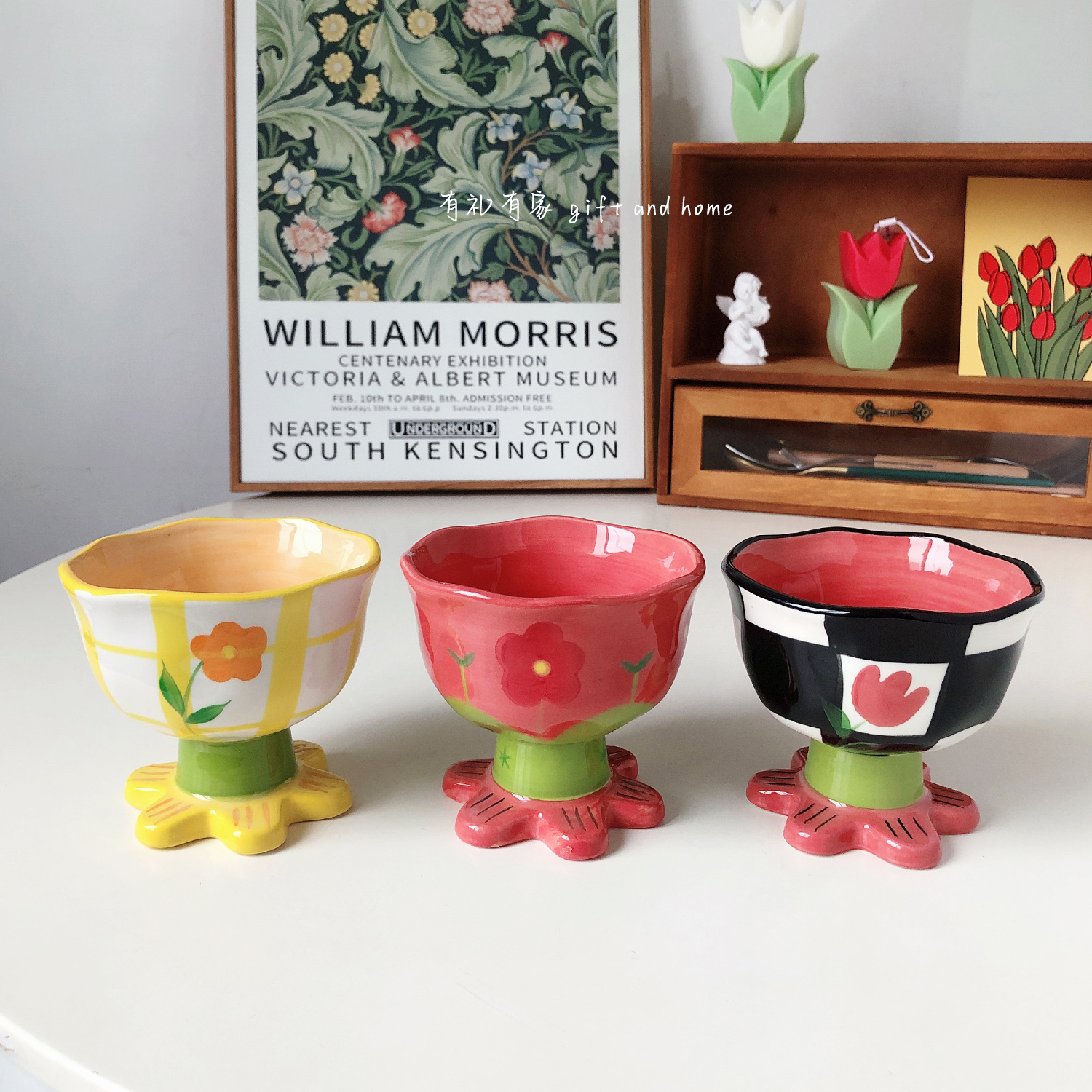 Hand-Painted Floral Stemmed Dessert Cup