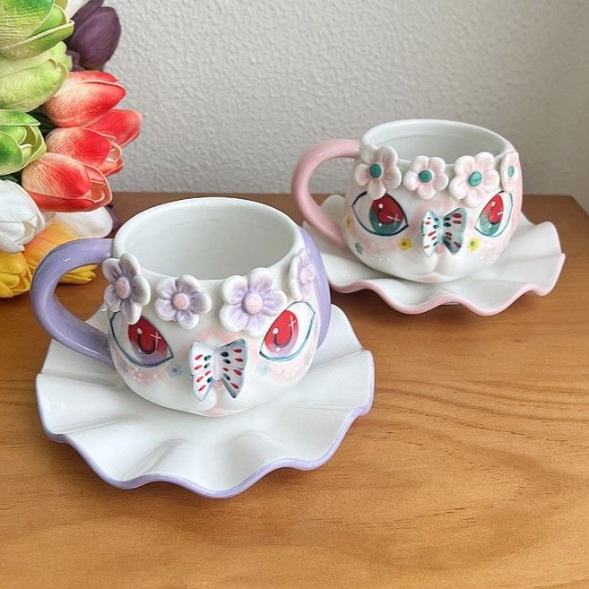 Hand-Painted Artistic Floral Rabbit Coffee Cup & Saucer