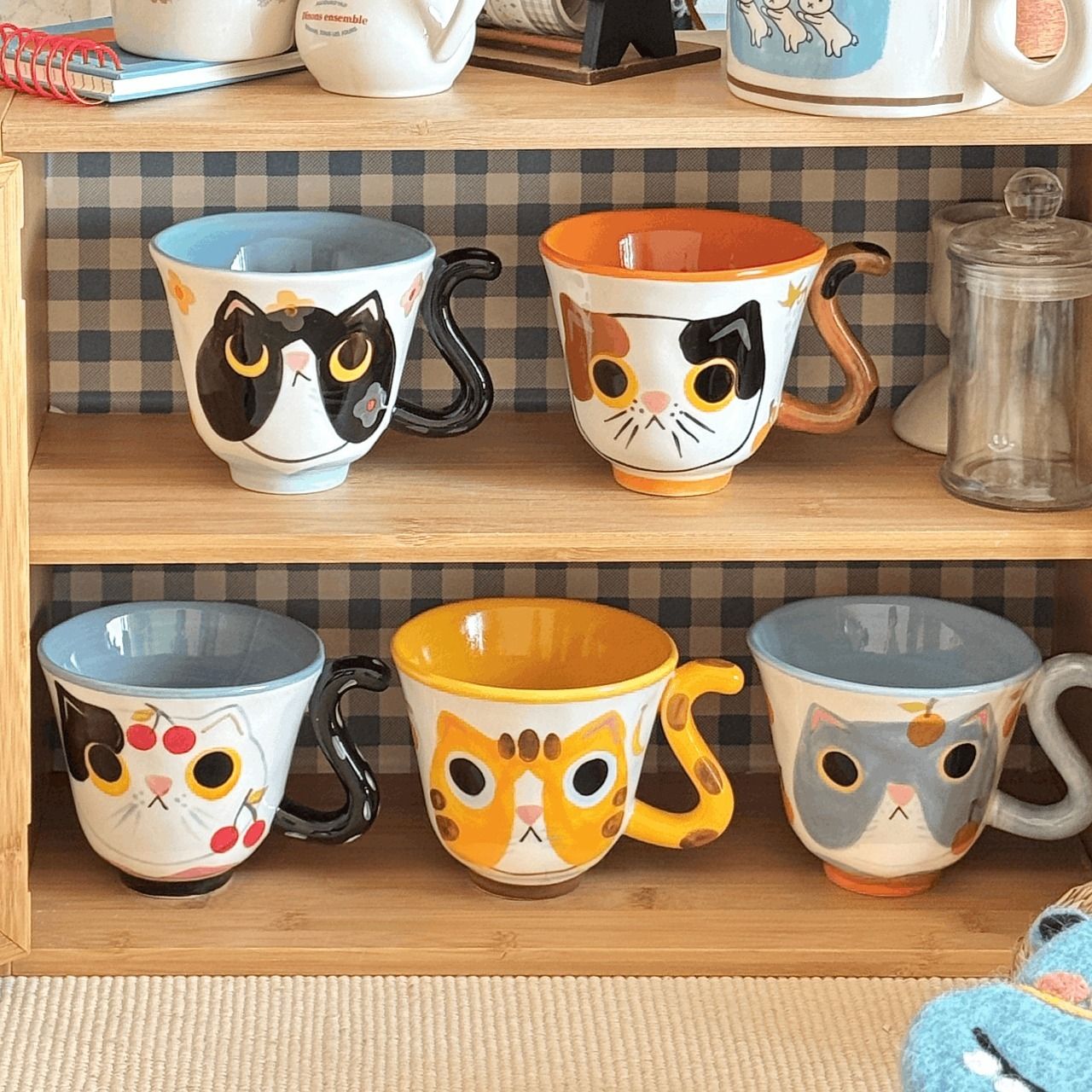 Hand-Painted Cat Mug with Tail Handle